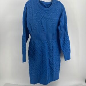 Blue Cable Knit Long Sleeve Sweater Dress Diamond‎ Pattern Waistline Knee Length